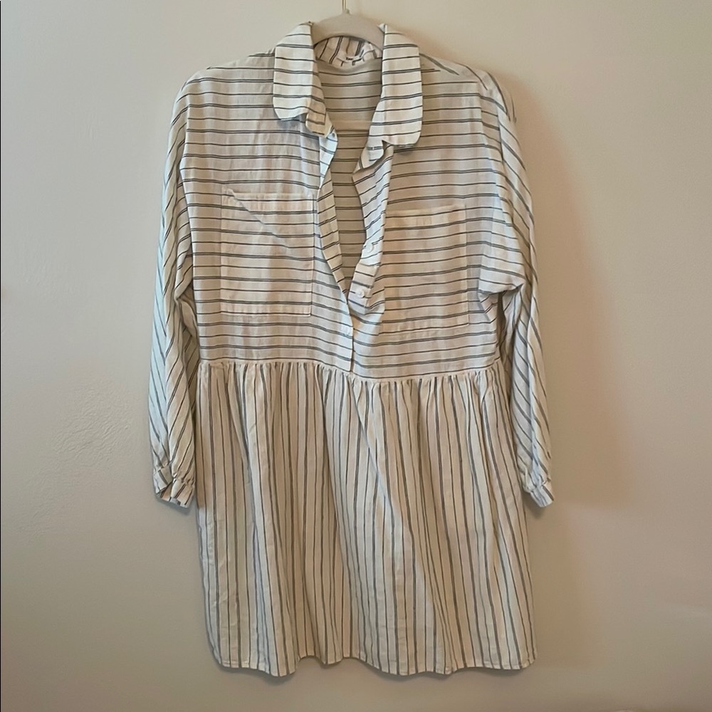 Organic cotton Striped Button-Front Tunic Dress - White & Black L